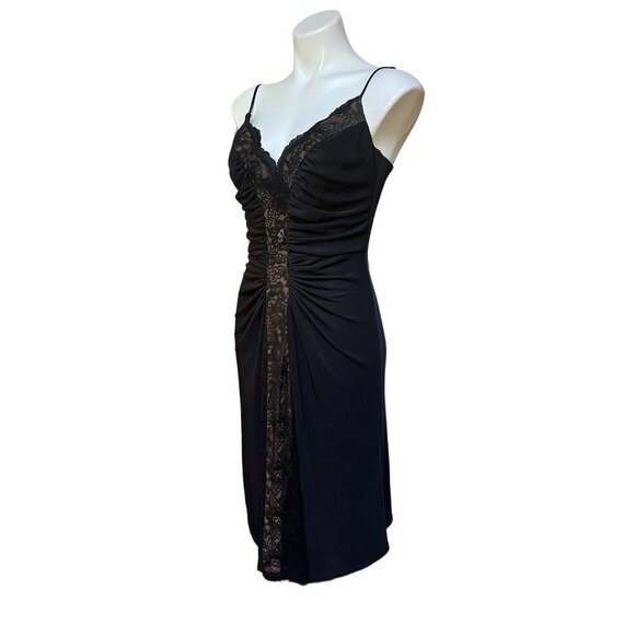 Tadashi Shoji Vintage 90s Women's Ruched Slip Dress Lace Panel Black Medium - Picture 3 of 8